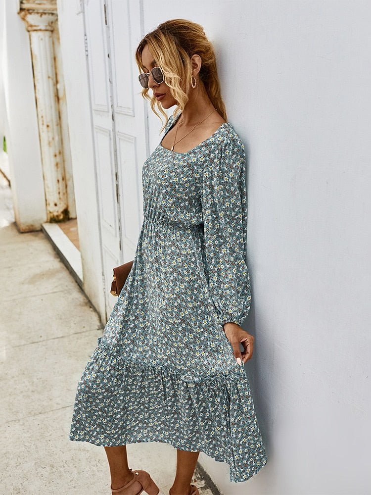 Women's Long Dress for Autumn & Winter featuring Long Sleeve, Elegant Floral print with Square Collar.