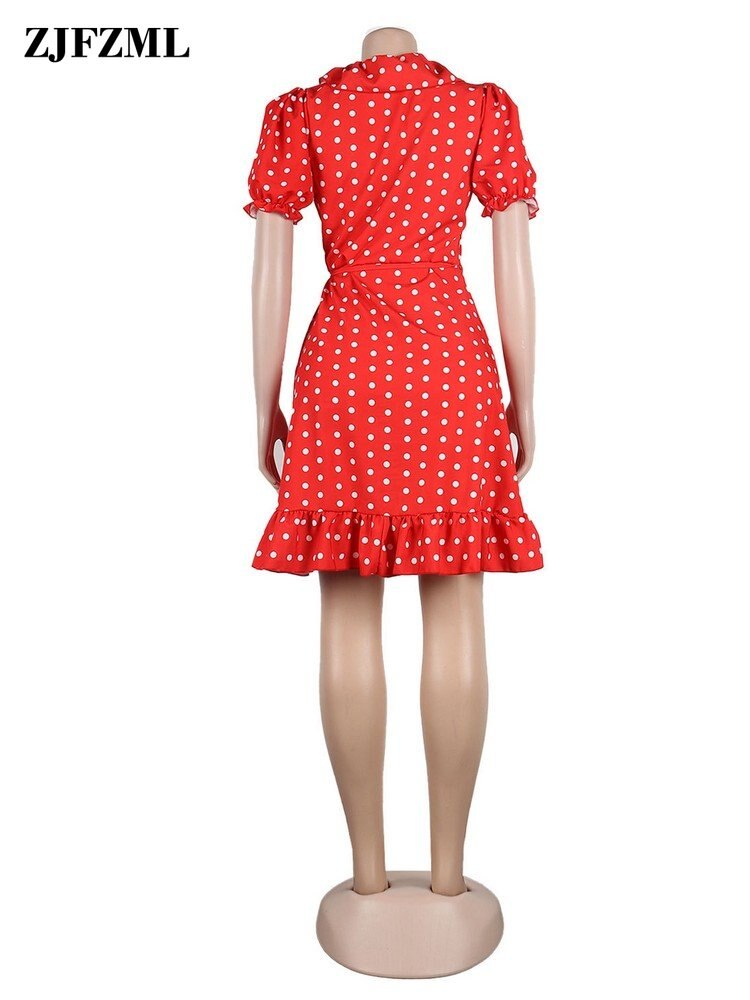 Short dress has a retro polka dot print, petite girls V-collar, short sleeves, luxury waist-shaping. Its waistline is empire, style is vintage, and the sleeve length is full.