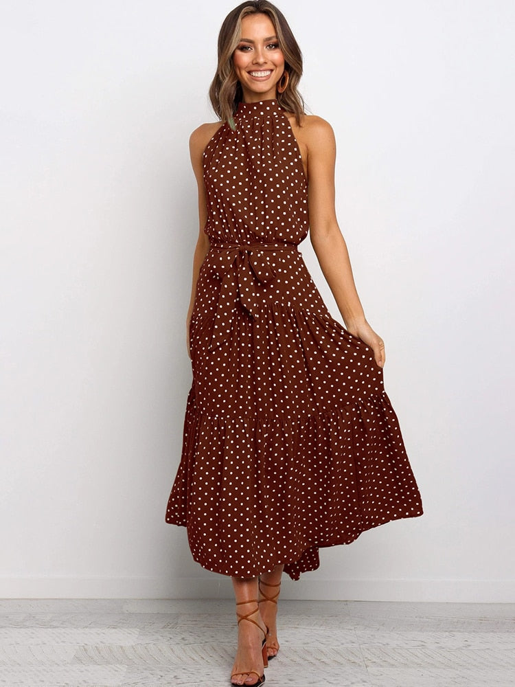 Aachoae Boho Style Dress features a fashion-forward sleeveless dress adorned with a stylish polka dot A-line pattern