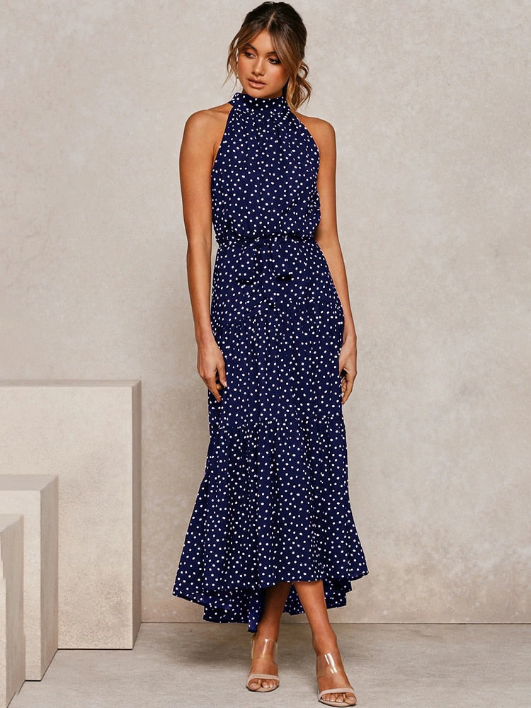 Aachoae Boho Style Dress features a fashion-forward sleeveless dress adorned with a stylish polka dot A-line pattern