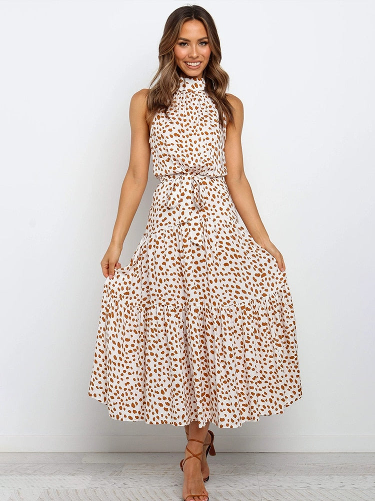 Aachoae Boho Style Dress features a fashion-forward sleeveless dress adorned with a stylish polka dot A-line pattern