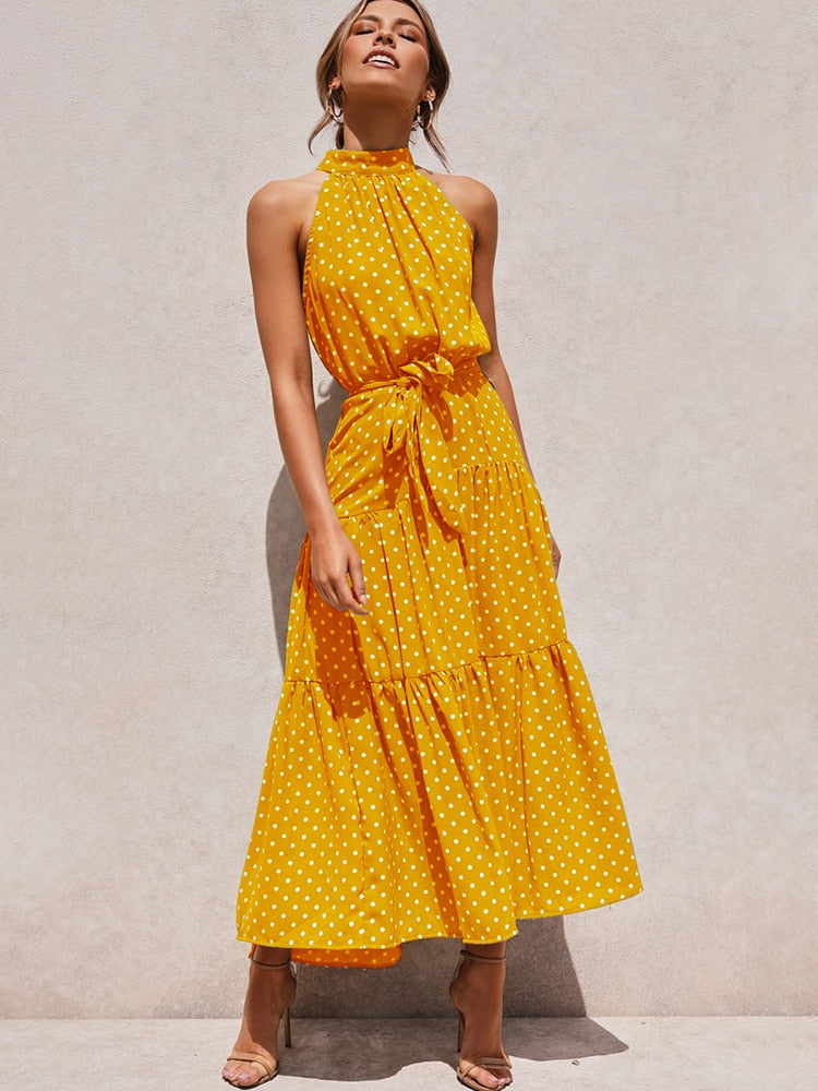 Aachoae Boho Style Dress features a fashion-forward sleeveless dress adorned with a stylish polka dot A-line pattern