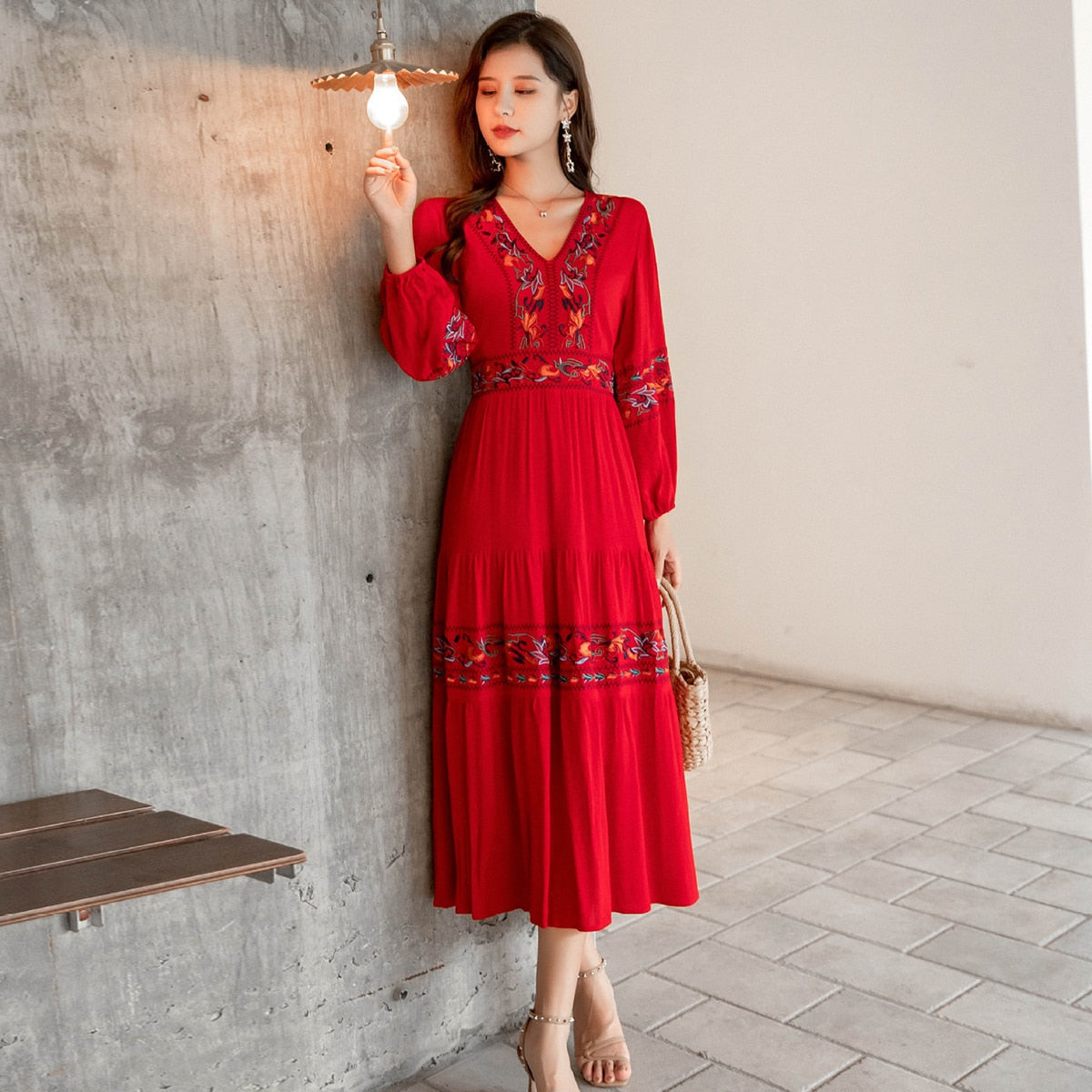 Jastie French Dress, Cotton Embroidery, V-neck, Elegant Ladies Dress, Ruffle Hem, Chic Dress, Retro Luxury Brand Dress, Empire Waistline, Regular Type, Flared Sleeve Half-Length