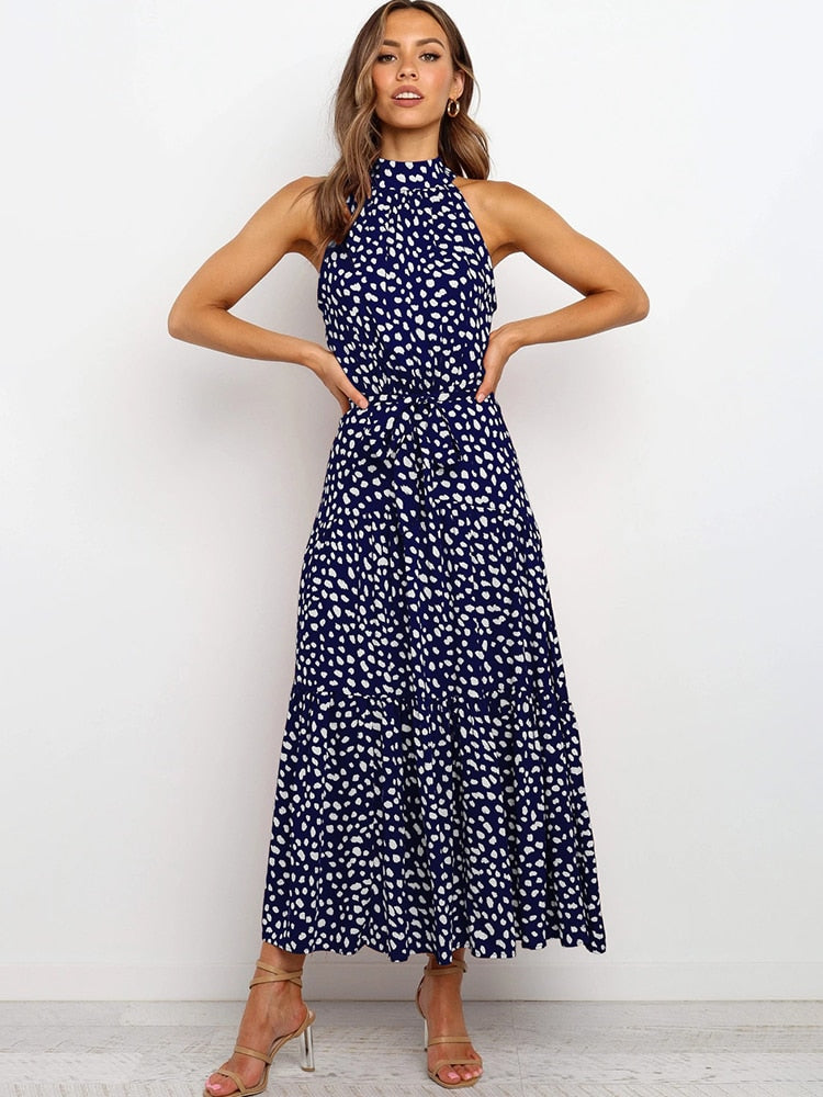 Aachoae Boho Style Dress features a fashion-forward sleeveless dress adorned with a stylish polka dot A-line pattern