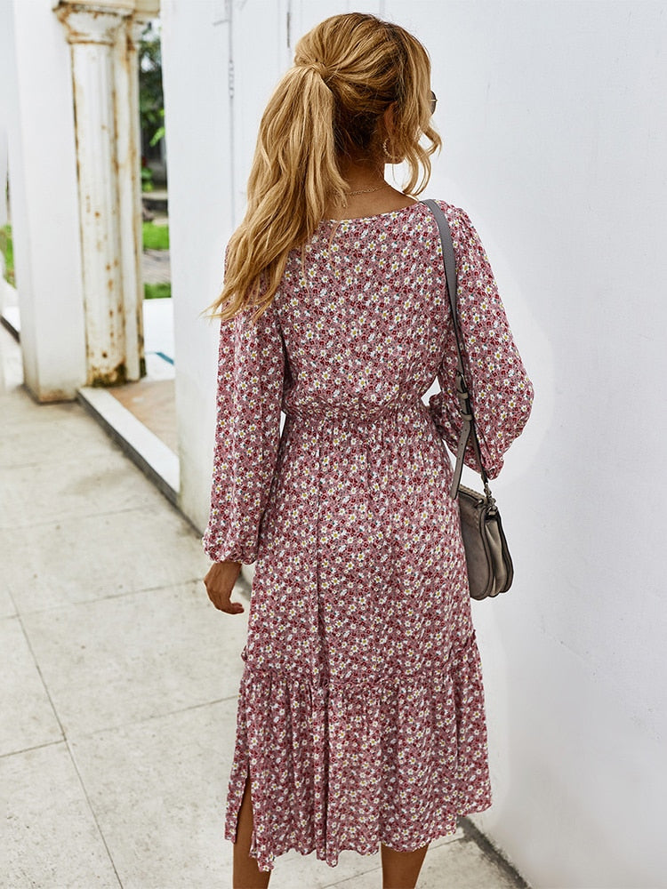 Women's Long Dress for Autumn & Winter featuring Long Sleeve, Elegant Floral print with Square Collar.