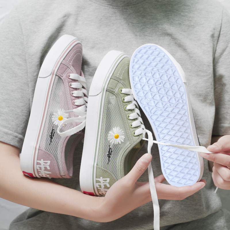 New Womens Canvas Sneakers Fashion All-match Lace Mesh Shoes Small Daisy Embroidery Zapatillas Mujer