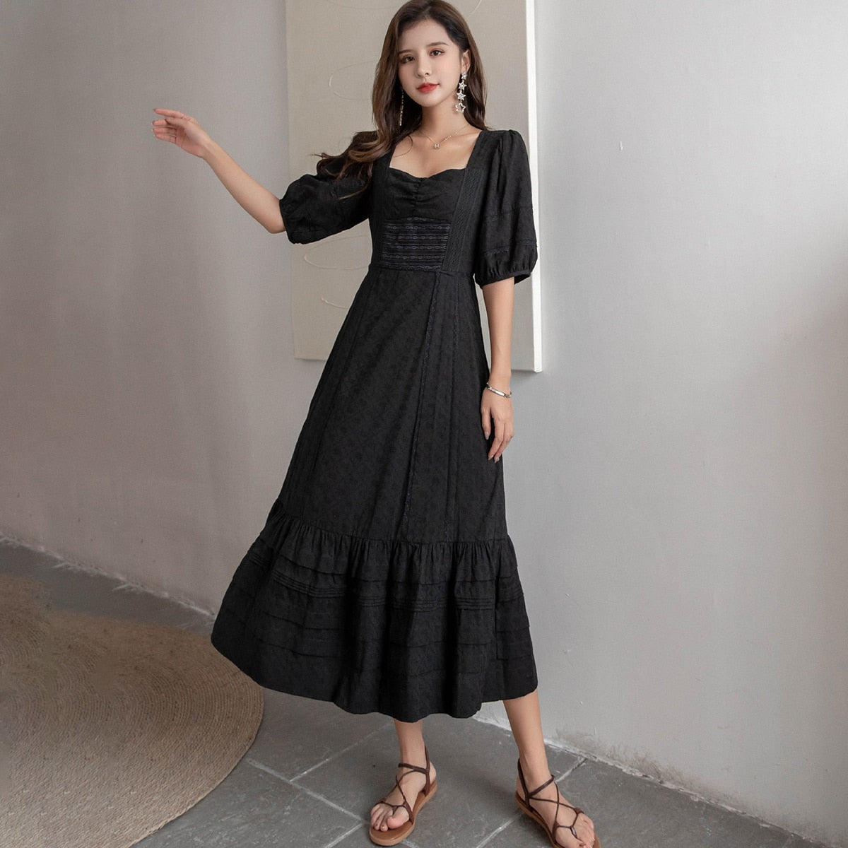 Jastie French Dress, Cotton Embroidery, V-neck, Elegant Ladies Dress, Ruffle Hem, Chic Dress, Retro Luxury Brand Dress, Empire Waistline, Regular Type, Flared Sleeve Half-Length