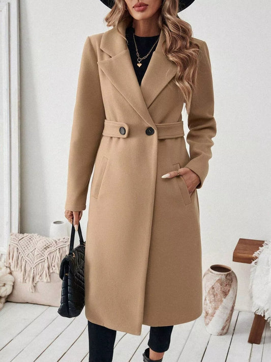 Aspen camel belted one-button overcoat for women
