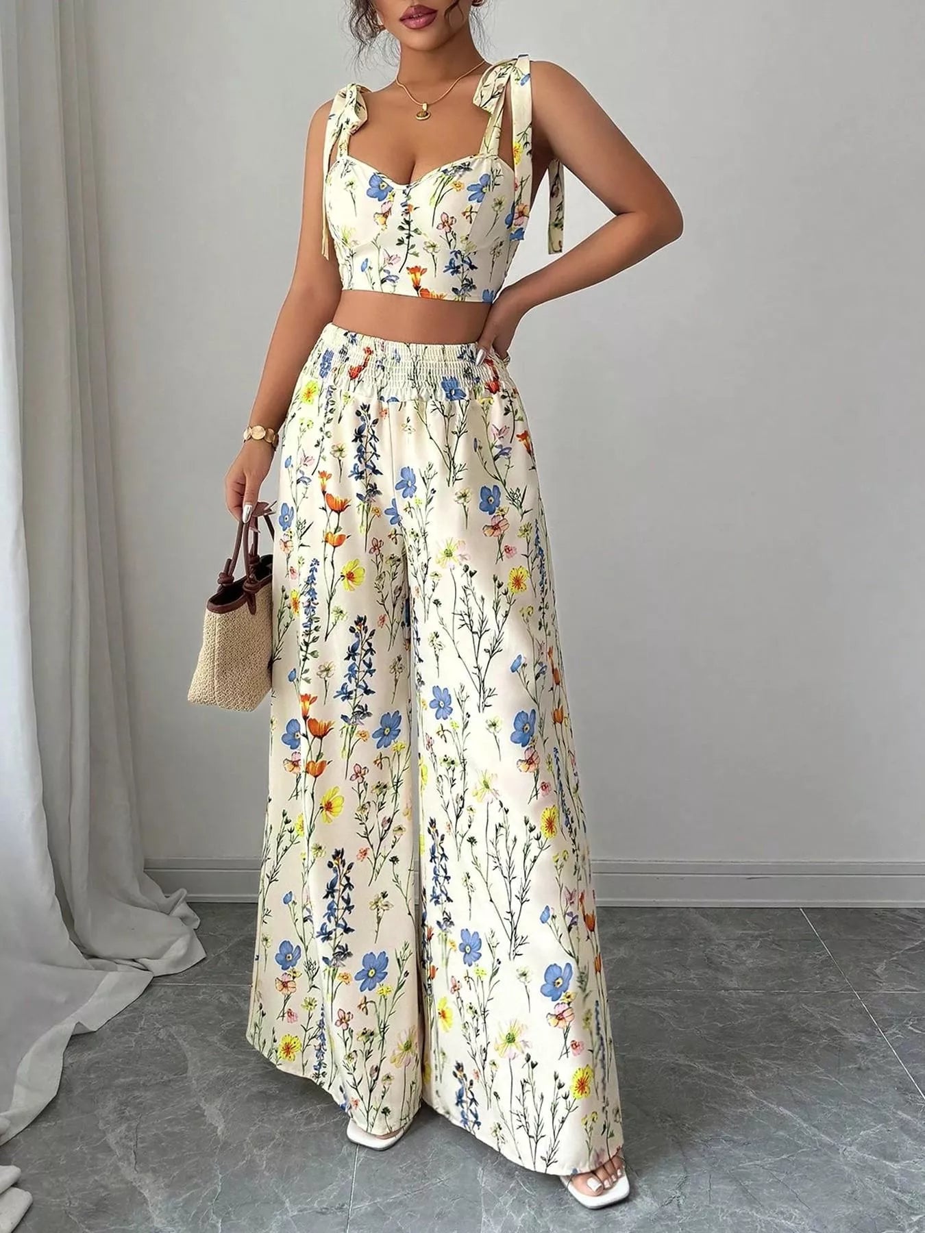 The Amalfi Floral Tie-Shoulder Pants Set in ivory multi floral print