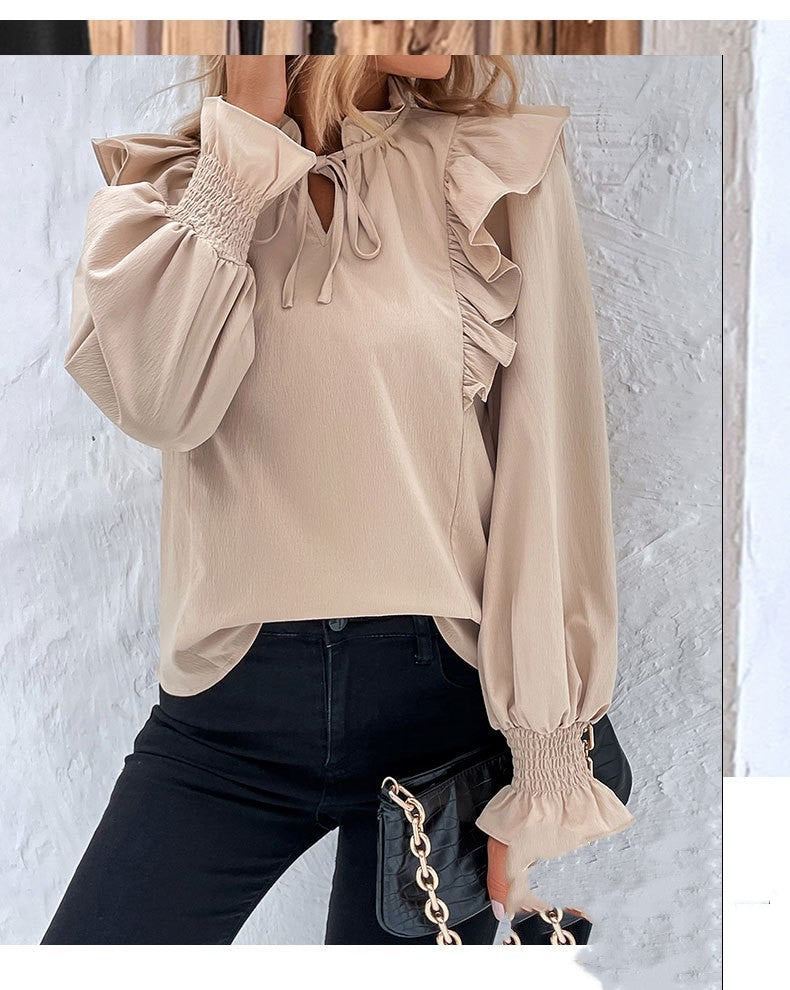 Ruffled Long Sleeve Solid Color Blouse Lady