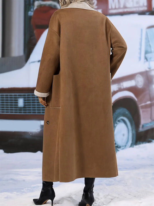 Women’s plus-size brown longline coat with soft sherpa texture