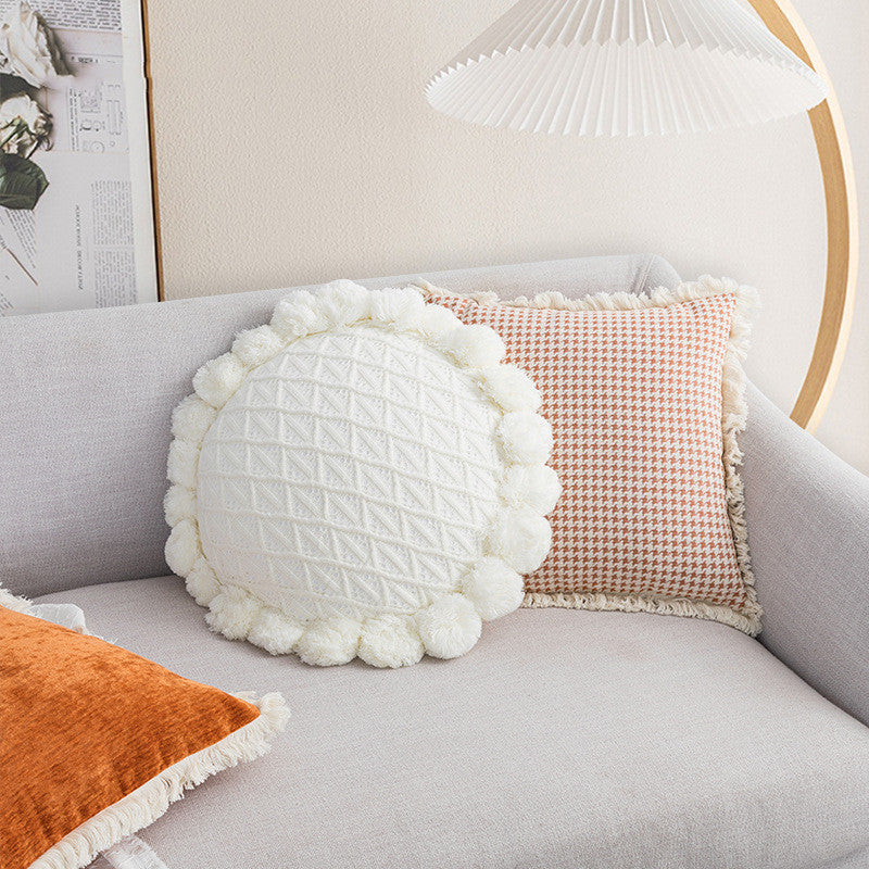 Tassel Lace Wine Houndstooth Orange Pillow Cover