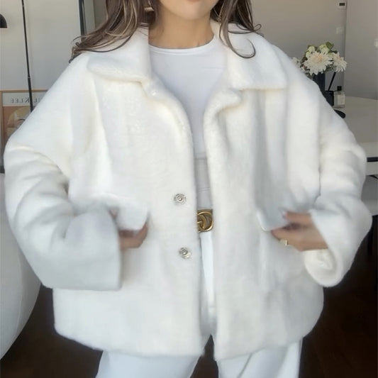Women’s plush lapel short coat styled for cozy winter outfits