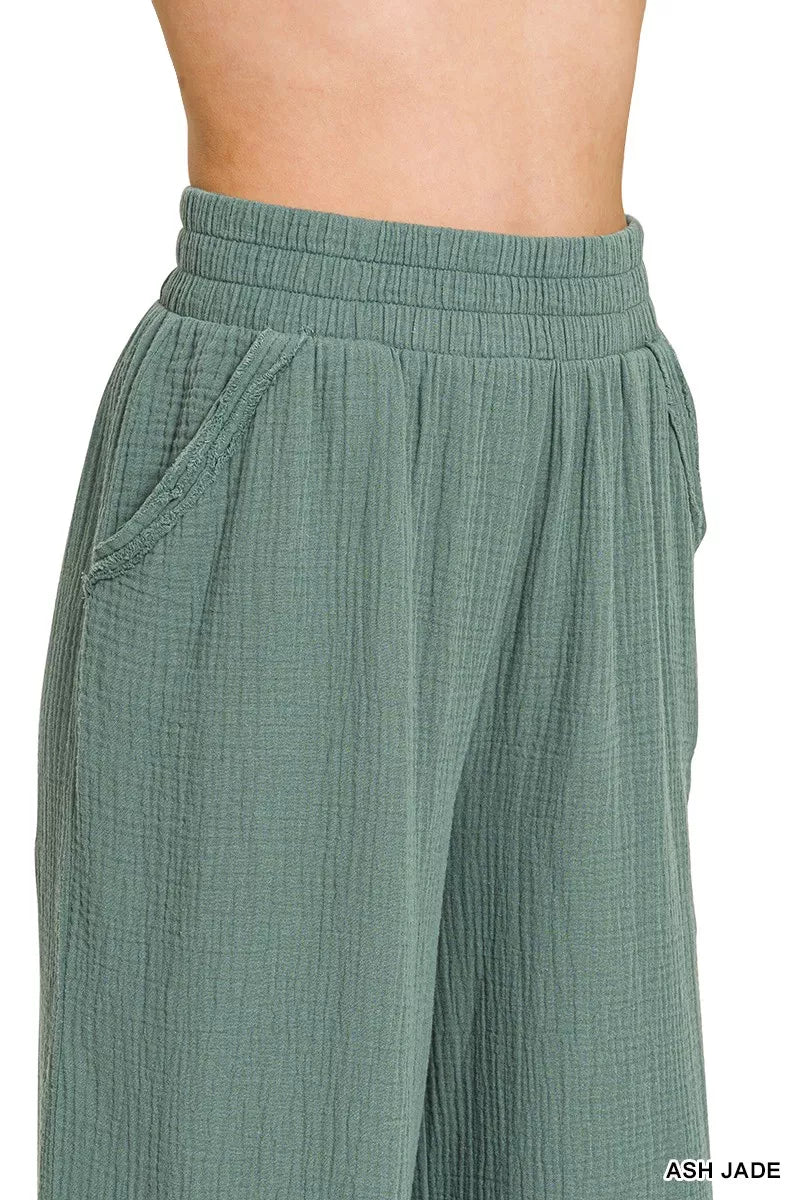 Women’s double gauze pants styled for coastal vacations
