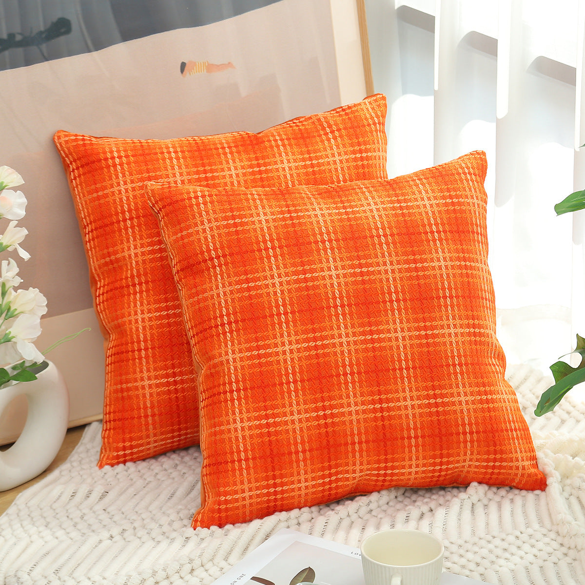 Plaid Linen Pillow Simple Cushion Cover Plain Light Luxury Sofa Cushion