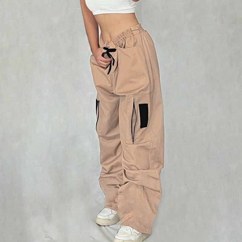 Khaki Sweet Cool Sexy Zipper Pocket Stitching Tied Casual Pants High Waist Loose Contrast Color Woven Pants