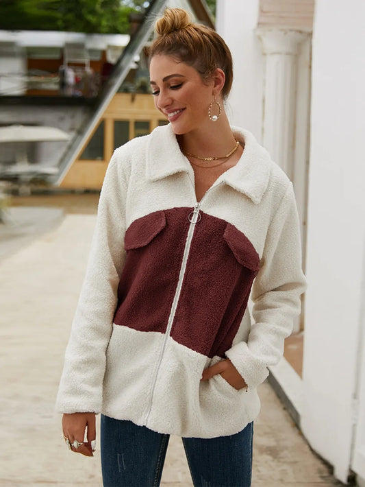 Aspen burgundy contrast plush zip-up jacket for women