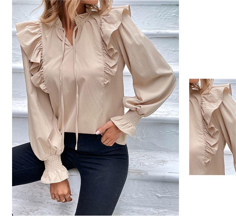 Ruffled Long Sleeve Solid Color Blouse Lady