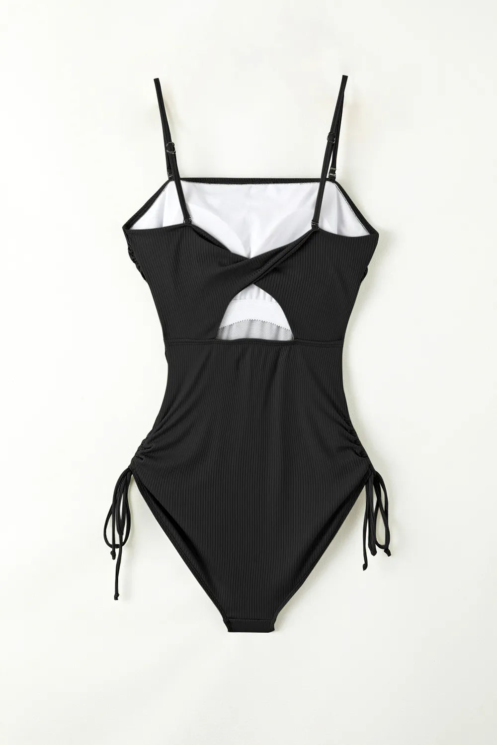 Sleek black one-piece swimsuit with adjustable side drawstrings
