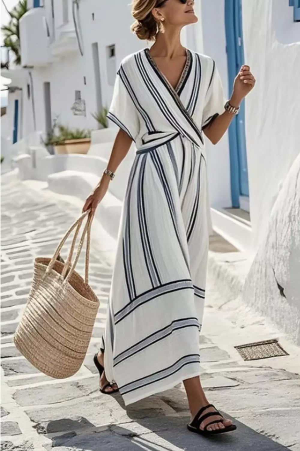 Riviera striped wrap half sleeve maxi dress in white