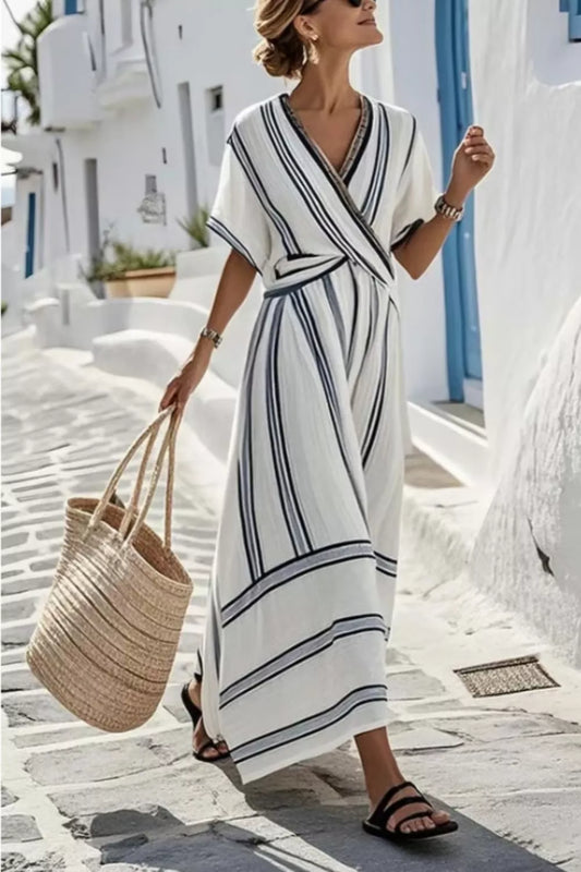 Riviera striped wrap half sleeve maxi dress in white