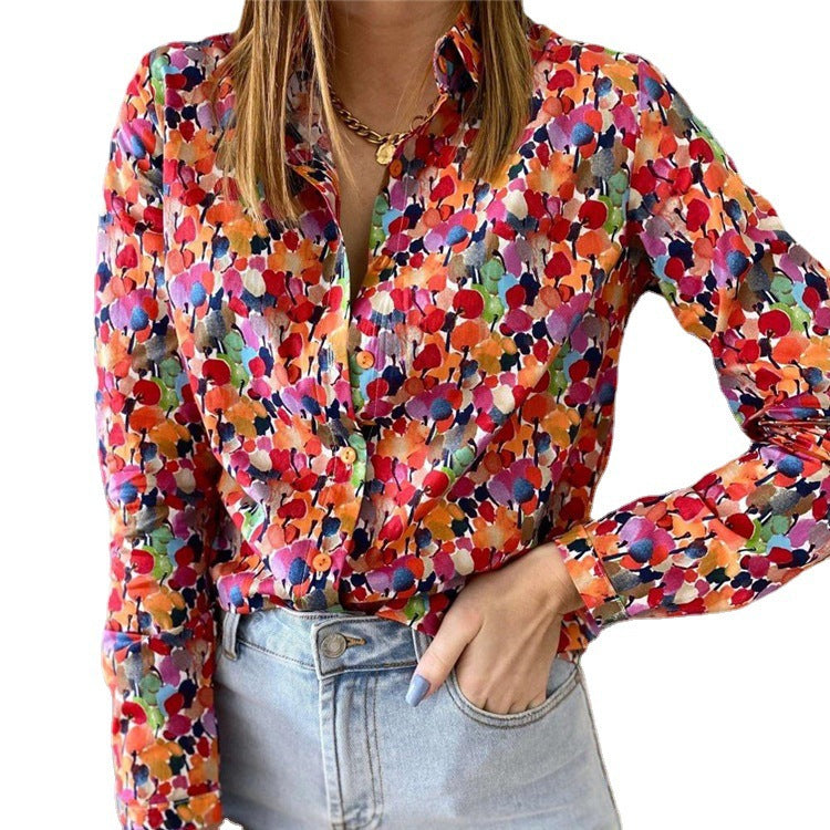 Women's Printed Long Sleeve Top Loose Casual Blouse