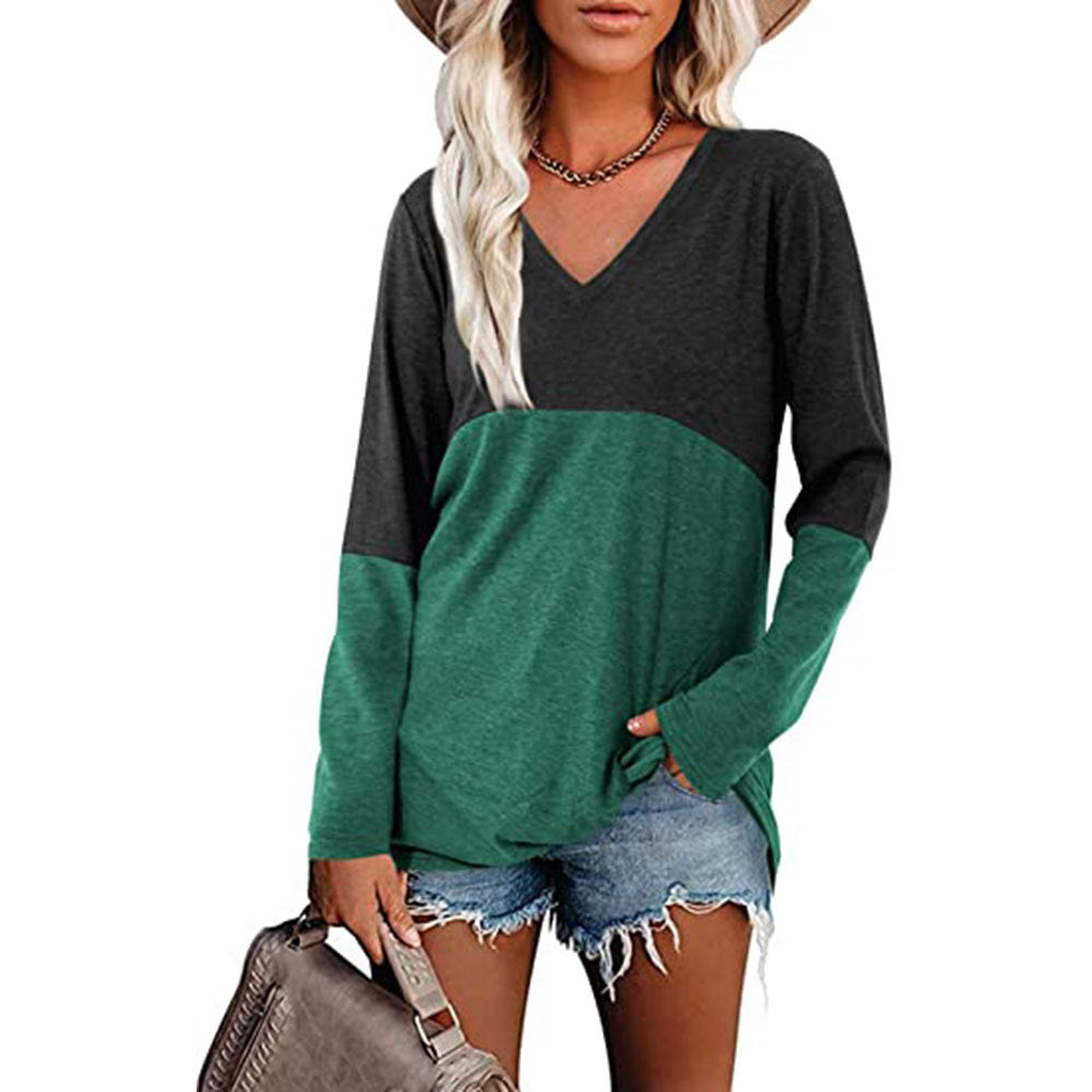 Contrast Panel V-Neck Long Sleeve Loose Blouse