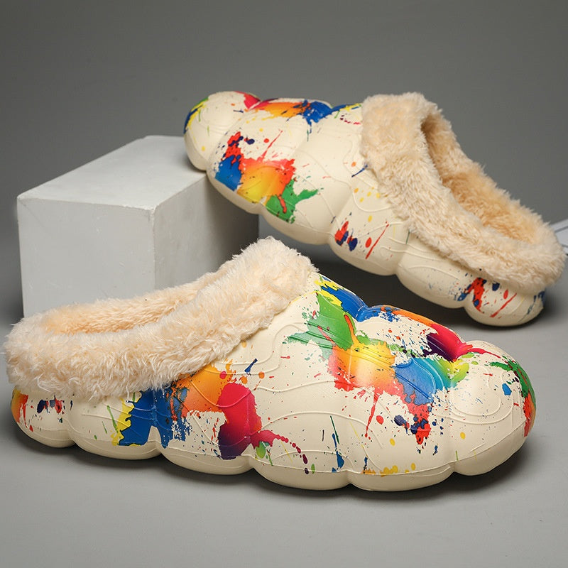 Home Indoor Platform Fleece-lined Contrast Color Cotton Slippers