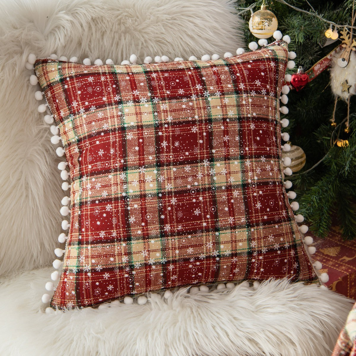 Red Plaid Cotton Throw Pillow Cover