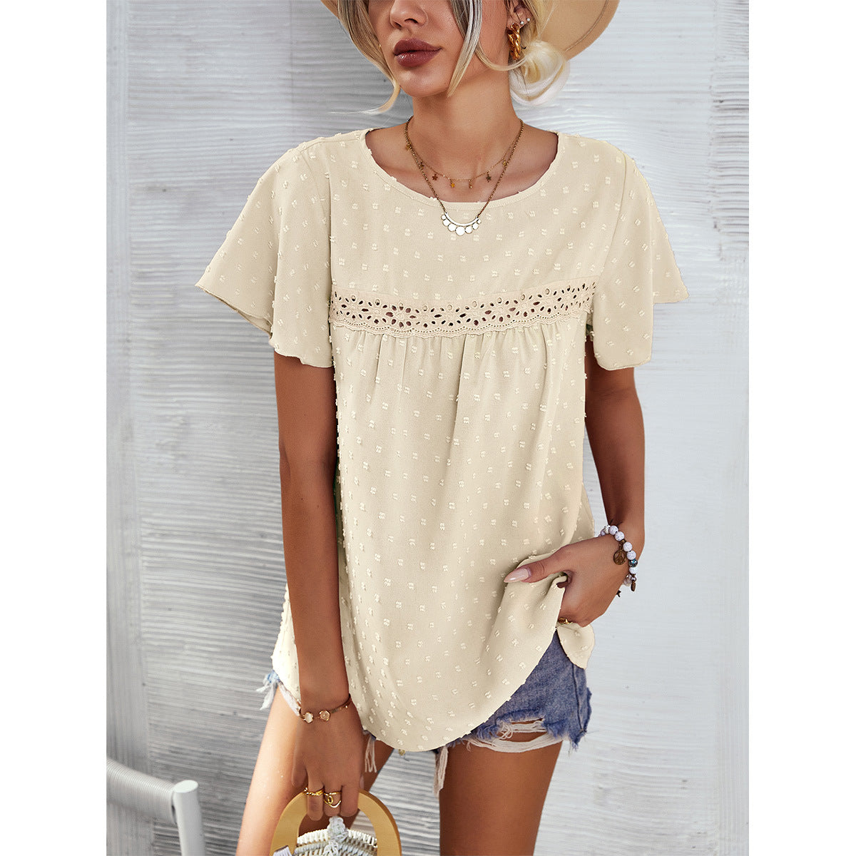 Short Sleeve Summer Tops Blouse Solid Color Lace Babydoll Shirts