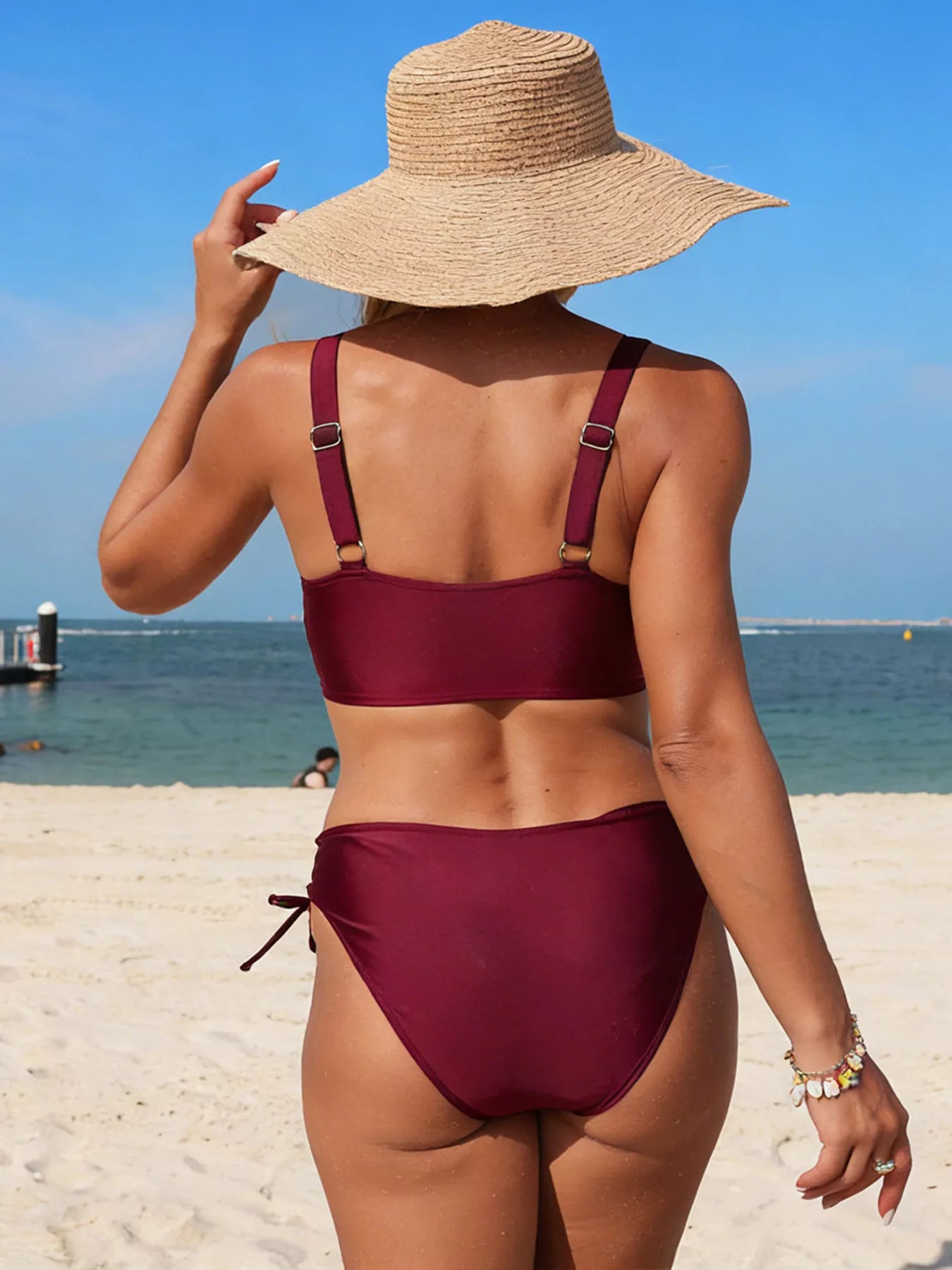 Ibiza burgundy palm tree two-piece swimsuit for resort swimwear