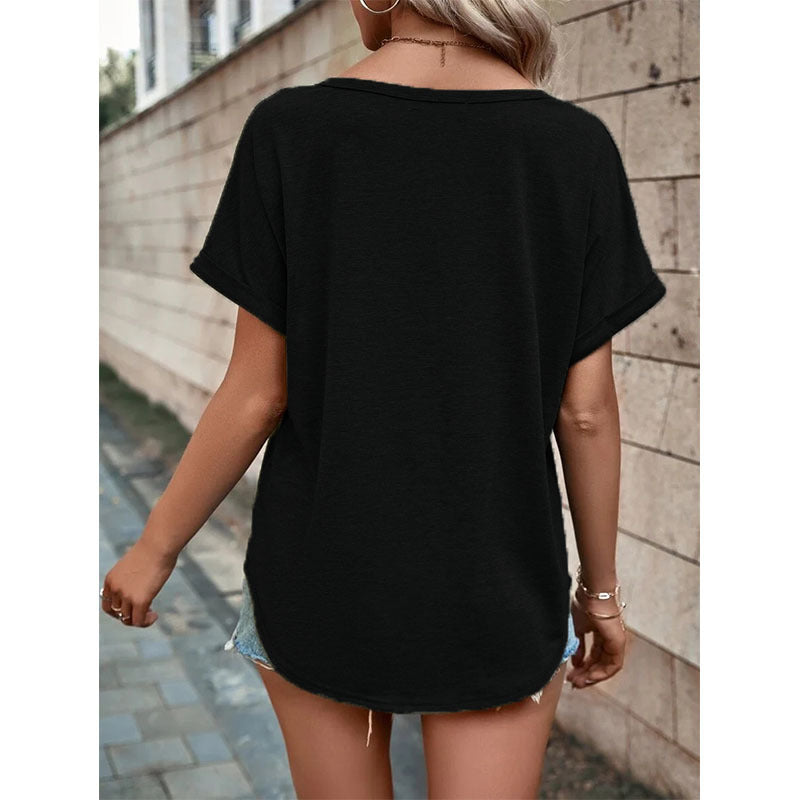 V-neck Short Sleeve Tops Shirt Summer Button Design Blouse