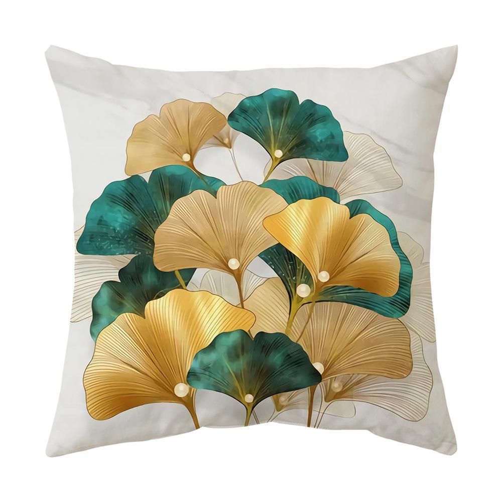 Green Gold Ginkgo Leaf Printed Pillow Cover