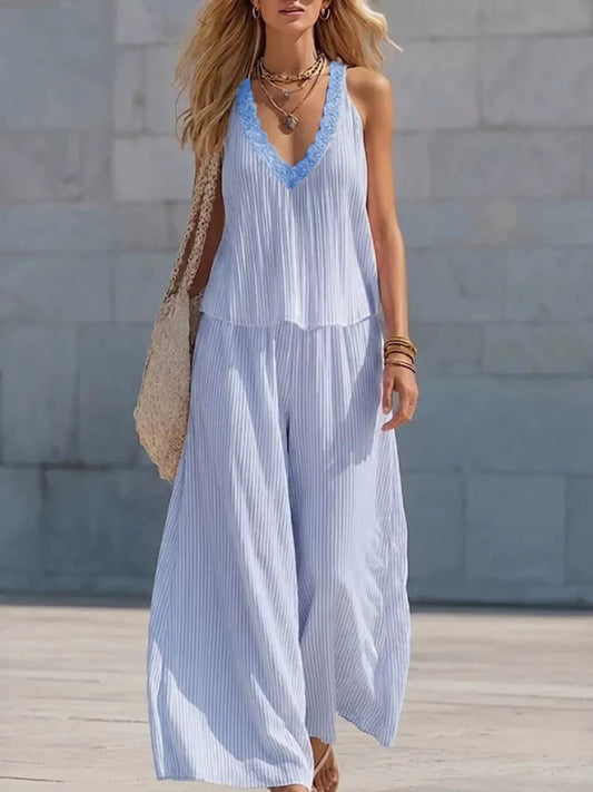Riviera sky blue striped V-neck tank and wide-leg pants resort set for women