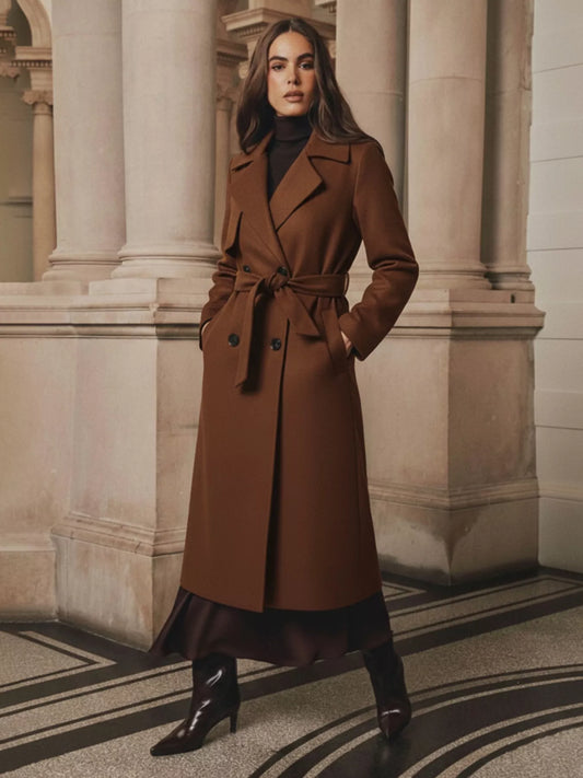 Aspen brown belted double-breasted long coat for women
