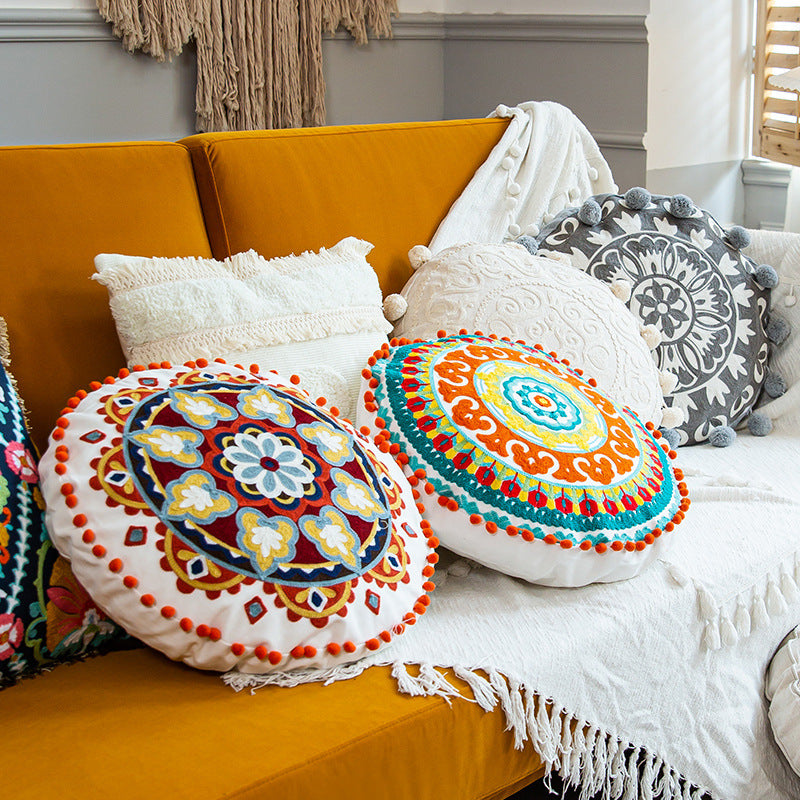 Hand-embroidered Round Pillow Cover