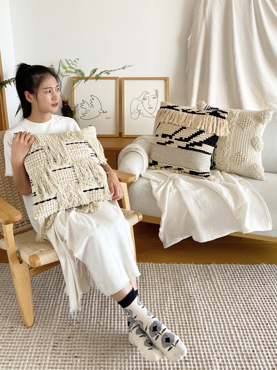 Woven Pillow Cover - Made of Pure Cotton Tassels