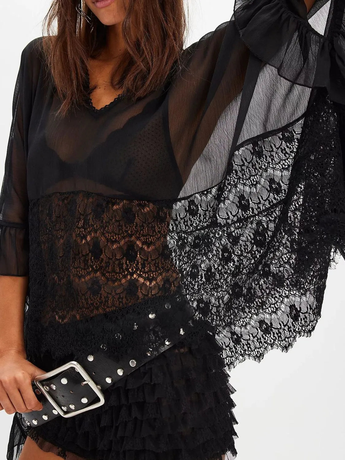Classic black lace long sleeve swim cover-up