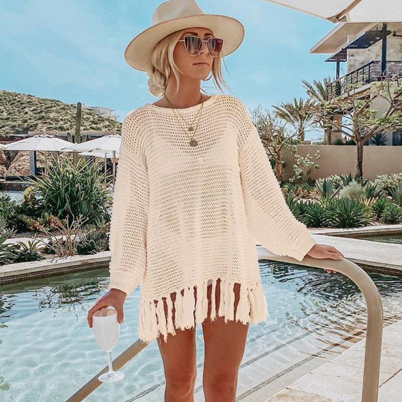 Hollowed Out Knitted Fringe Swimsuit Cover