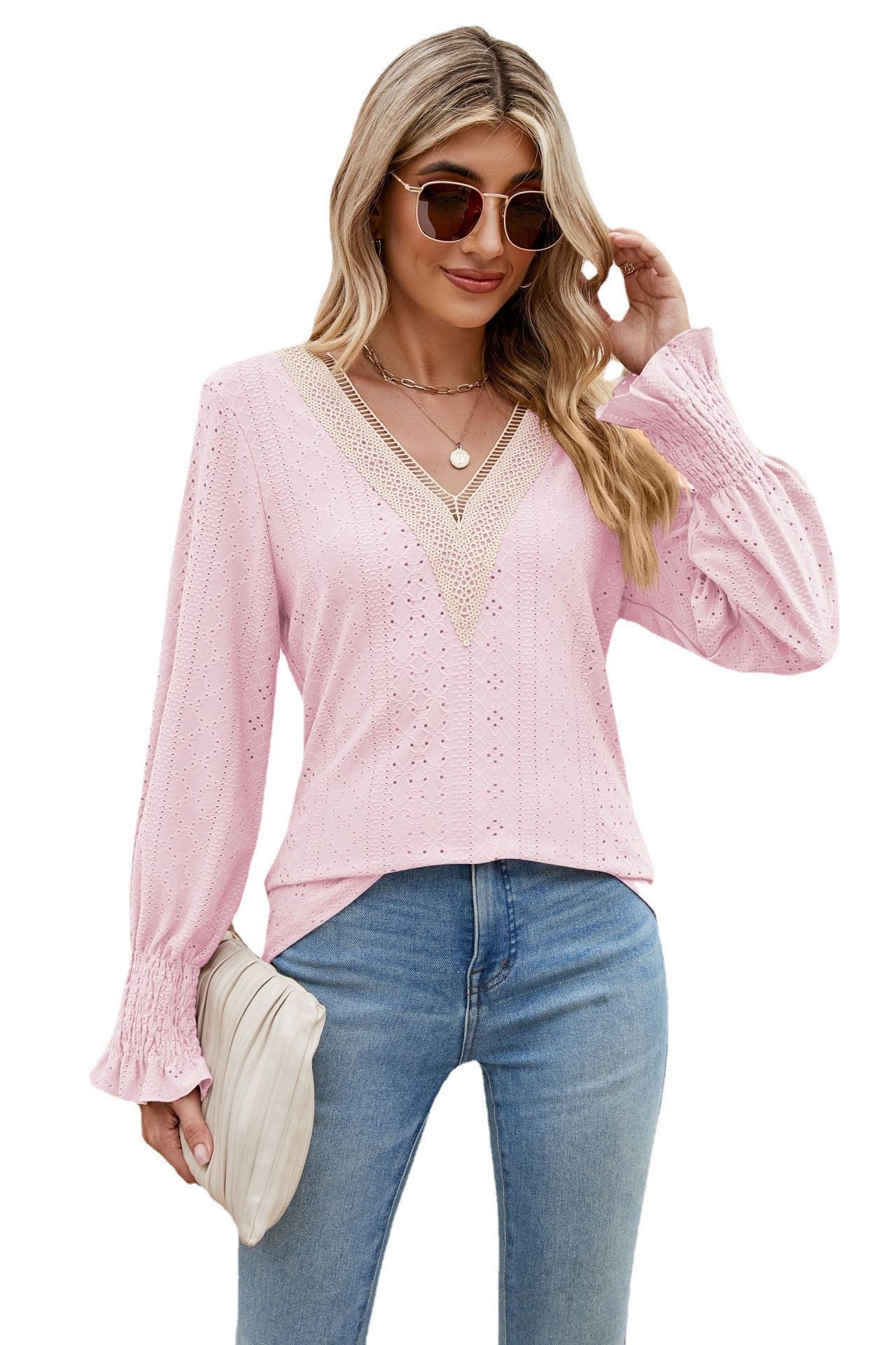 Solid Color Lace V-neck Patchwork Long Sleeve Loose-fitting T-shirt Top