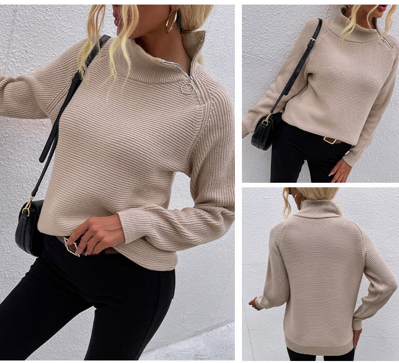 Solid Color Turtleneck Zipper Sweater Blouse