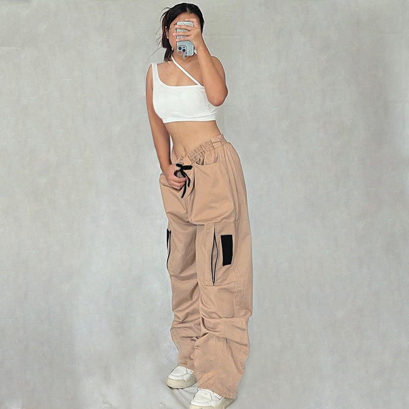 Khaki Sweet Cool Sexy Zipper Pocket Stitching Tied Casual Pants High Waist Loose Contrast Color Woven Pants