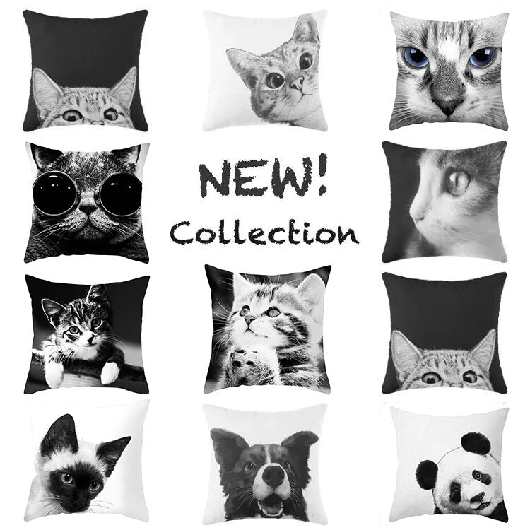 Animal Dog Cat Pillow Cover - Black and White