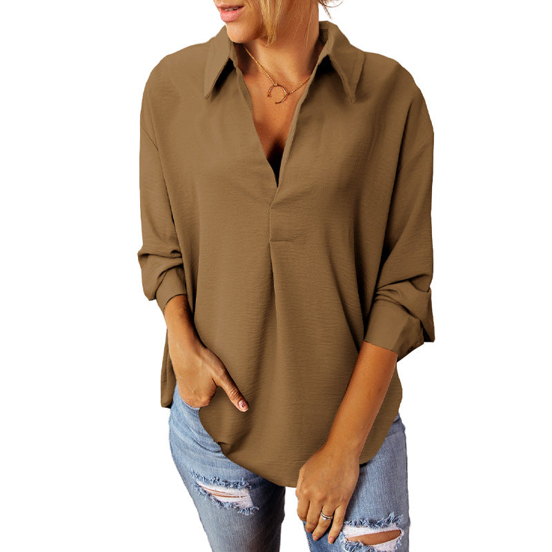 Polo Collar Solid Color Chiffon Blouse Women's Long Sleeve Loose Top