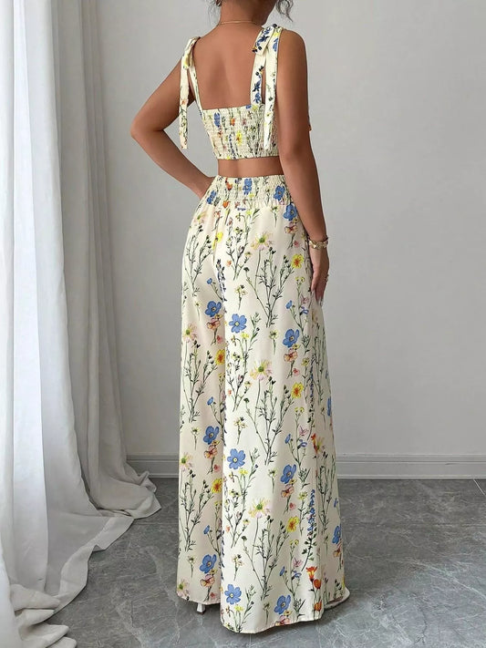 Smocked tie-shoulder crop top and wide-leg pants resort set