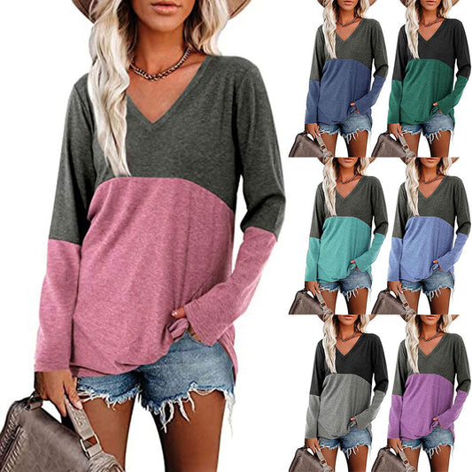 Contrast Panel V-Neck Long Sleeve Loose Blouse