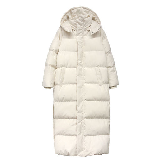 Aspen beige hooded longline winter parka for cold-weather travel