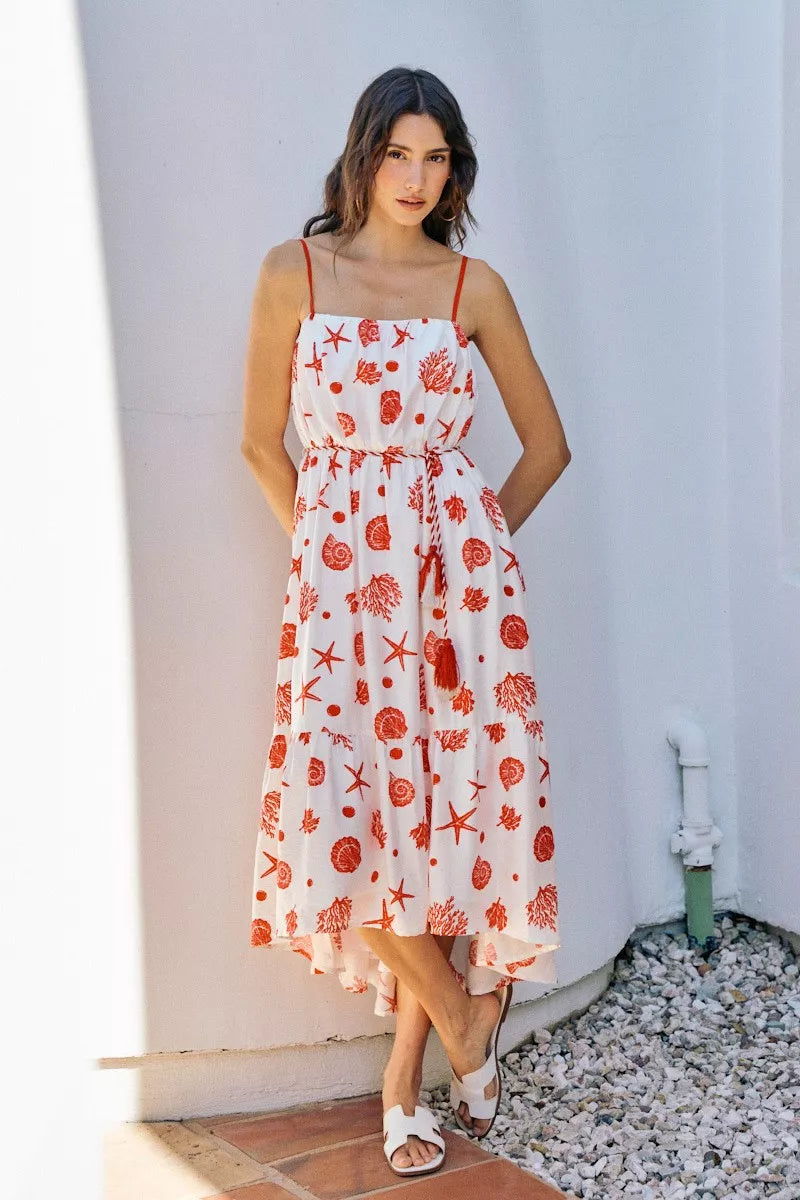 Red shell print belted midi dress for resort vacations