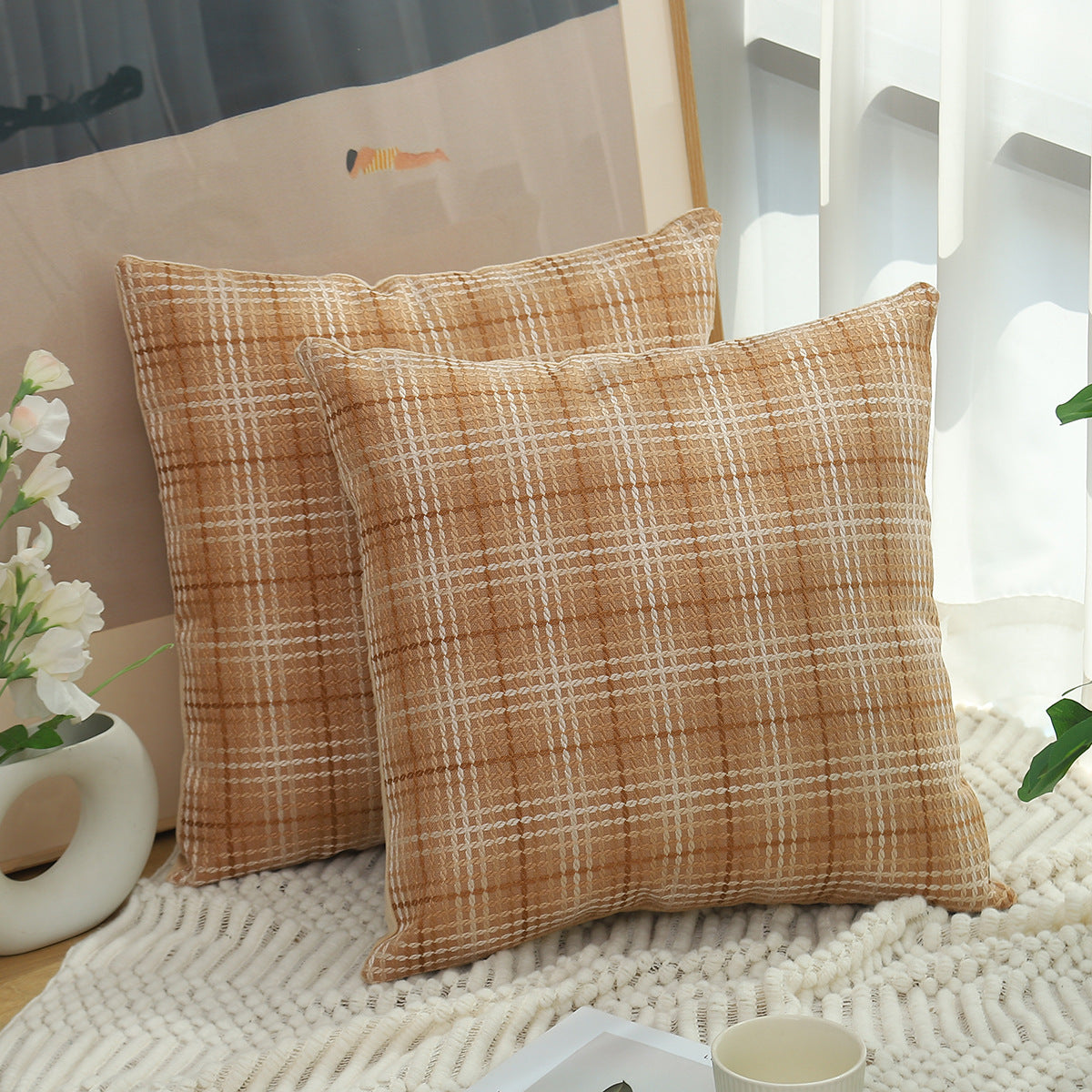 Plaid Linen Pillow Simple Cushion Cover Plain Light Luxury Sofa Cushion