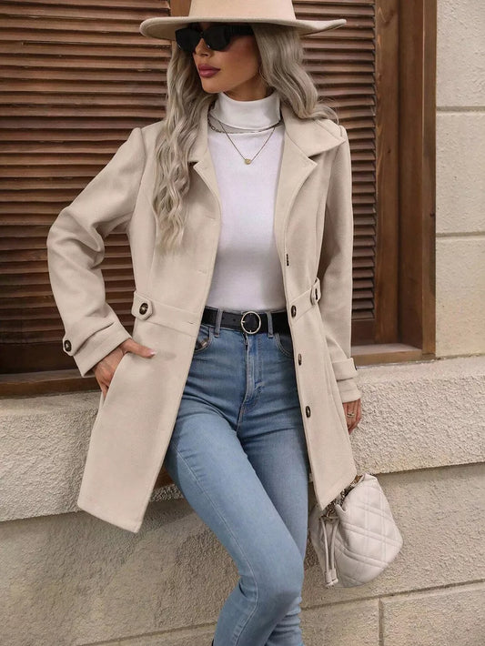 Women’s collared button-up coat with pockets for fall and winter layering